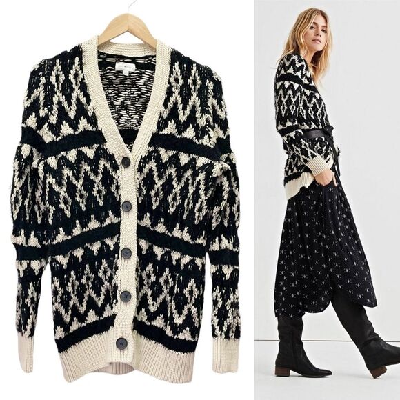 Lucky Brand Diamond Fair Isle Long Boho Cardigan Black & Cream Womens Size Small - Picture 14 of 14